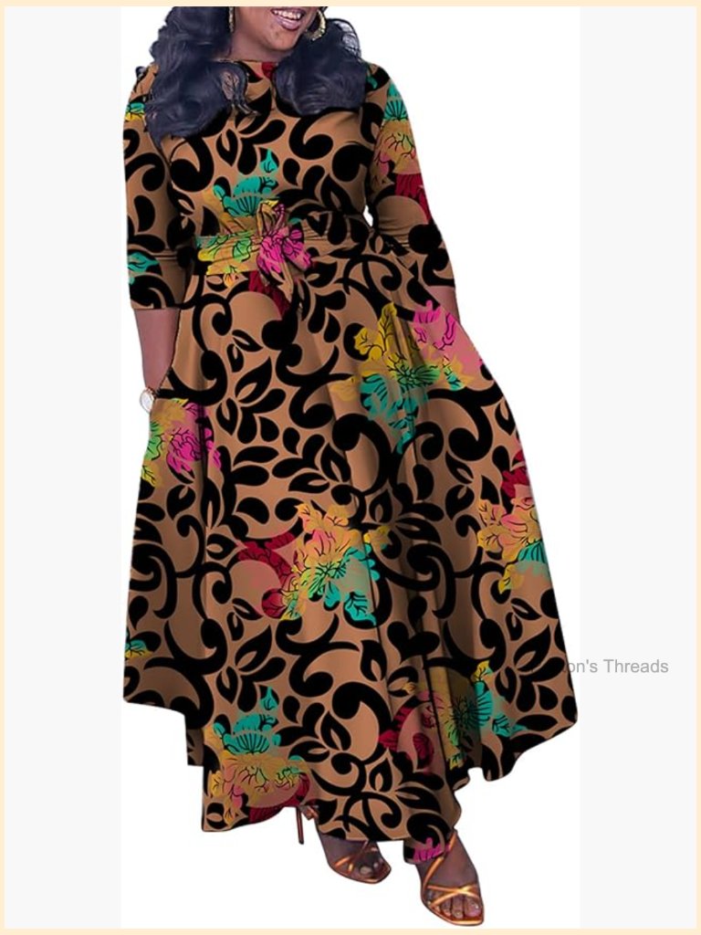 Plus Size Maxi Dress With Belt African Print Flowy Ruffle 3/4 Sleeve